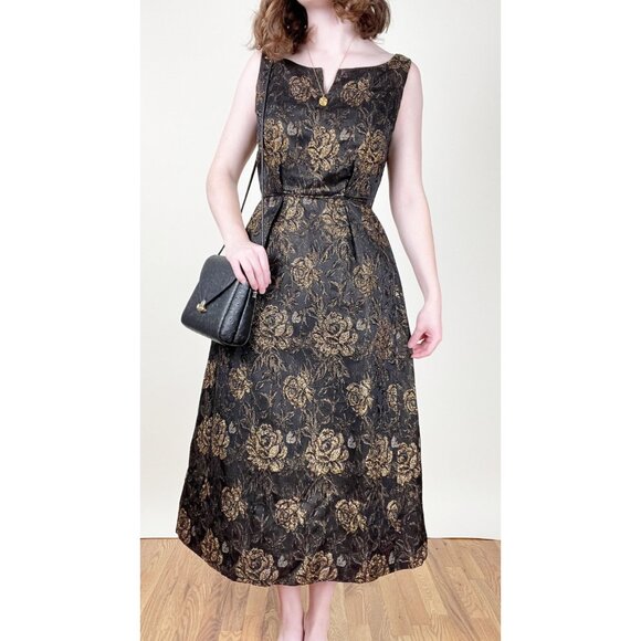 Vintage Handmade Jacquard Knit Floral Midi Maxi Fit & Flare Dress Formal Fancy - Picture 3 of 5